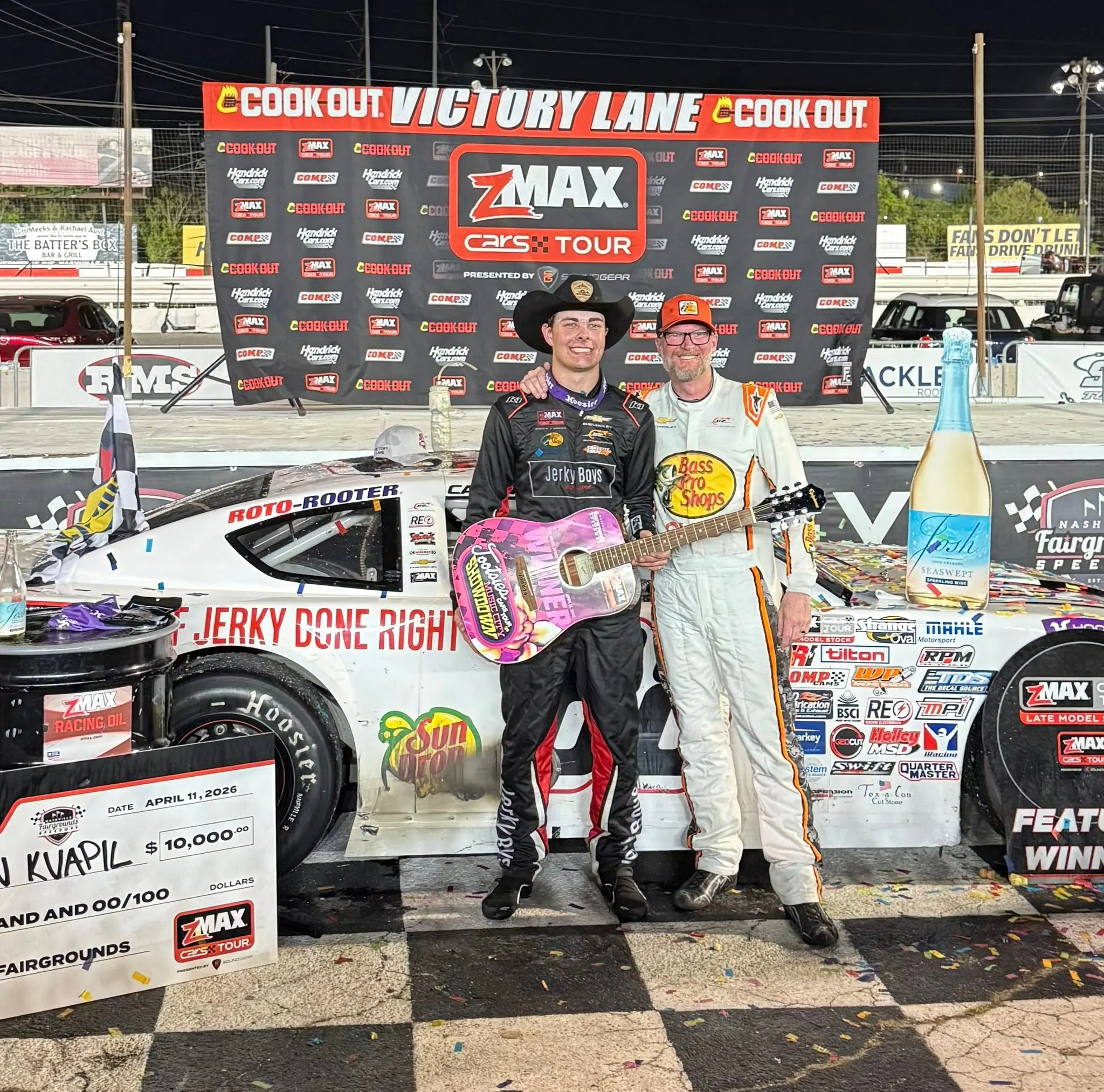 Caden Kvapil and Dale Jr winning Cars Tour race at Nashville