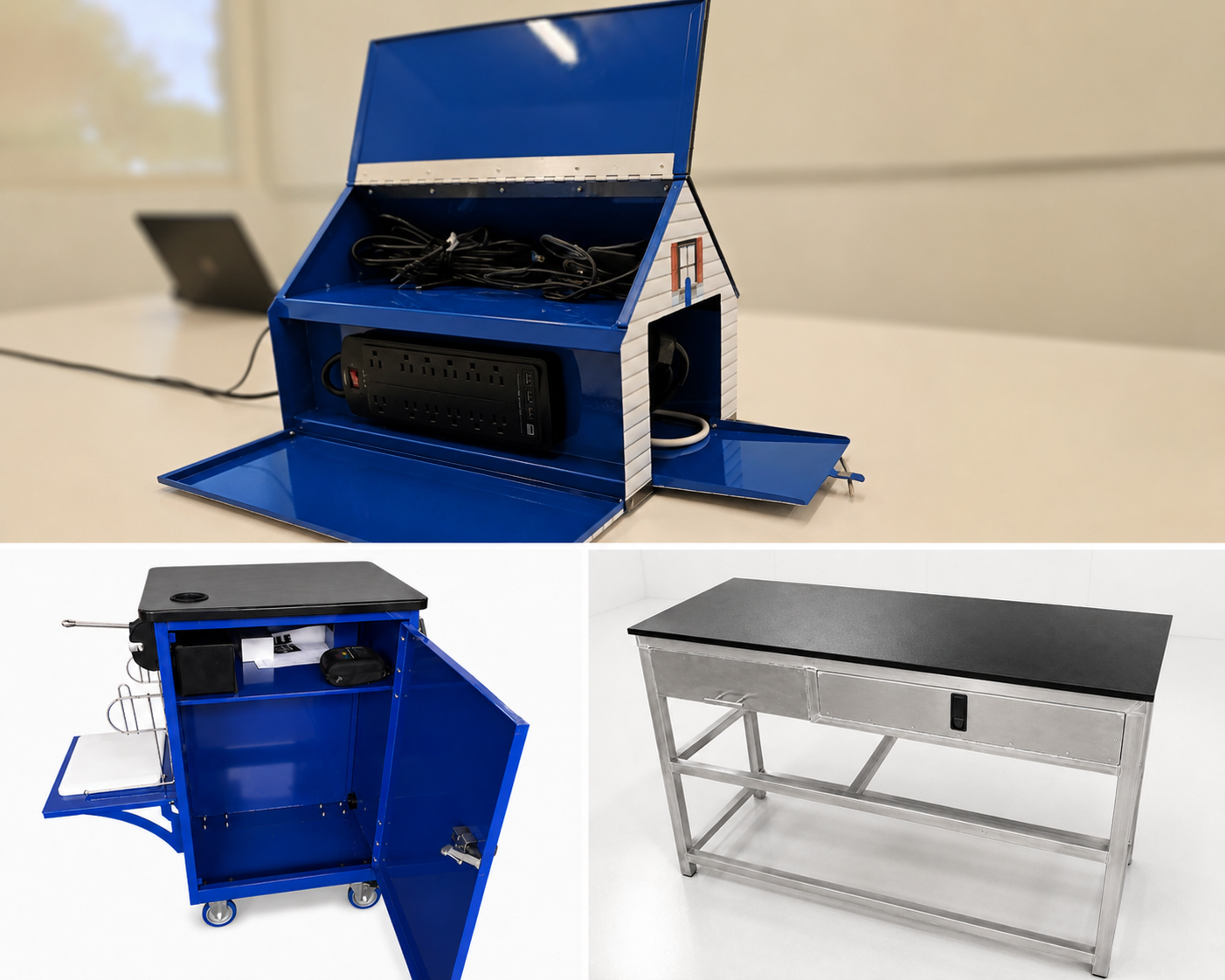 Custom cabinets for checkout counters, conference room organizer, work desk