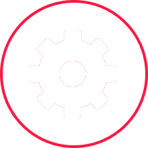 White cogwheel within red circle
