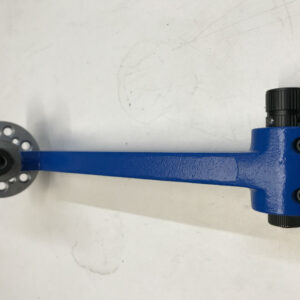 A blue handle with a black knob on it.