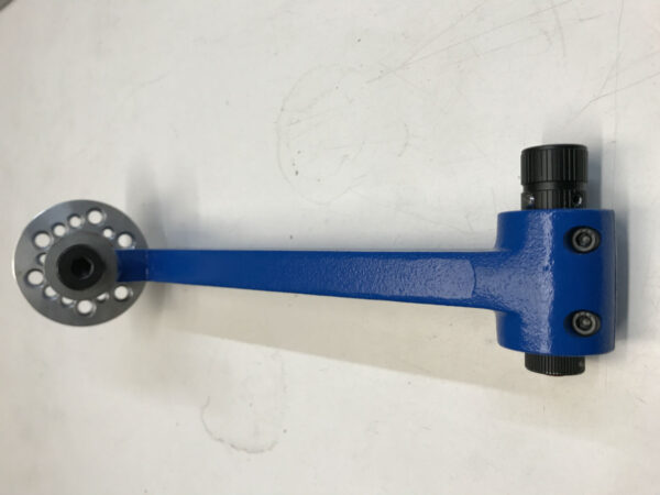 A blue handle with a black knob on it.