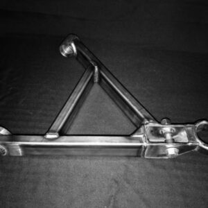 A metal triangle with two large wrenches attached to it.