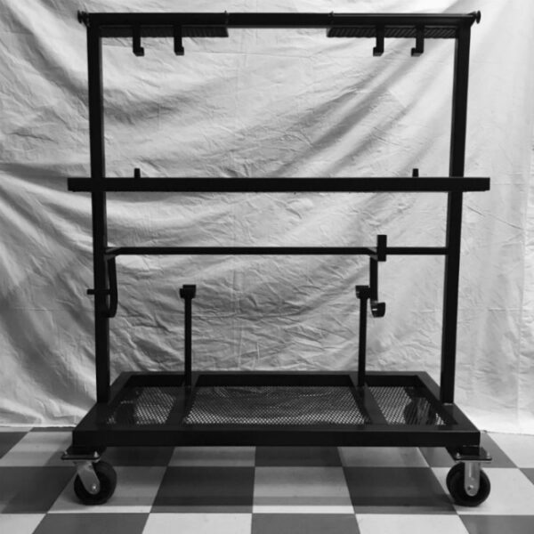 A black metal cart with two levels and a handle.