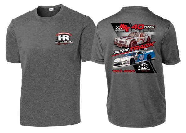 A gray t-shirt with cars on it.