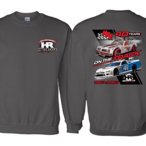 A gray sweatshirt with the front and back of two cars.