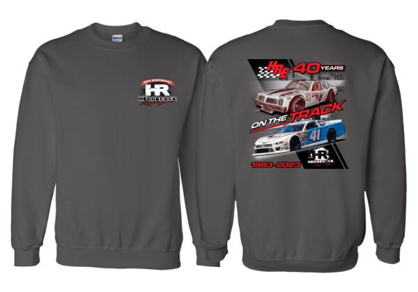 A gray sweatshirt with the front and back of two cars.