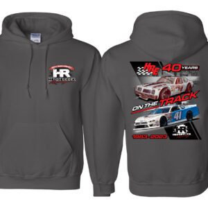 A gray hoodie with various cars on it.