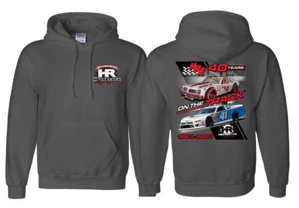 A gray hoodie with various cars on it.