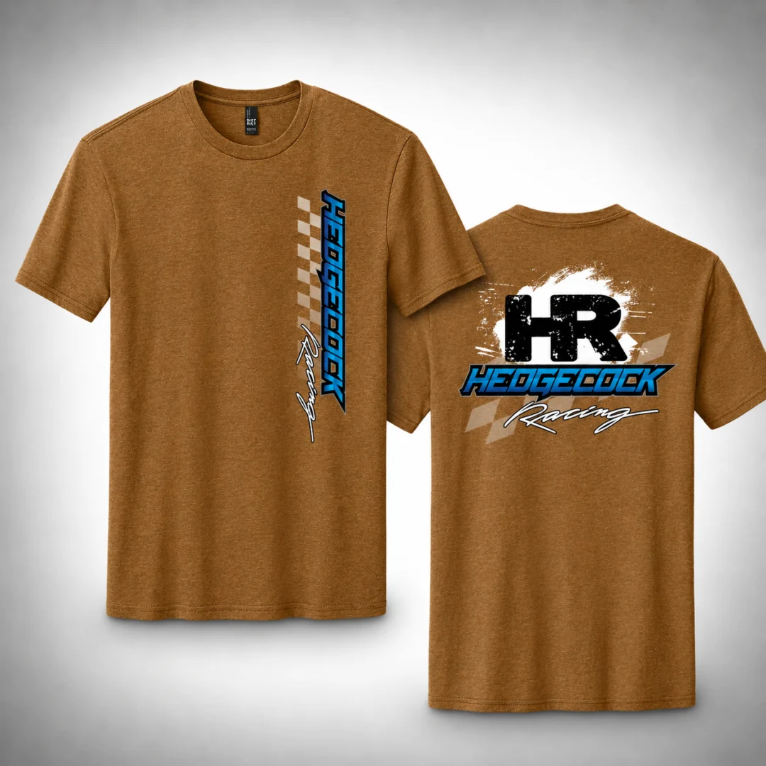 Two brown t-shirts with the words "Hedgecock Racing" printed on them against a white background