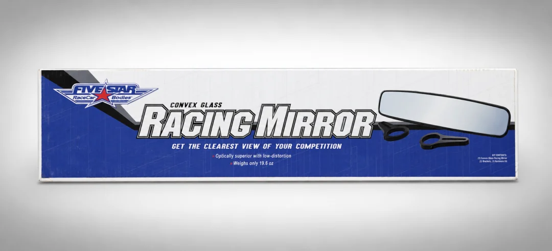 White background with a banner featuring text and a picture of a racing mirror
