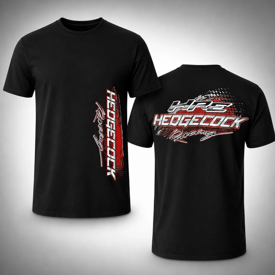 Two black t-shirts with a red and white logo on the front