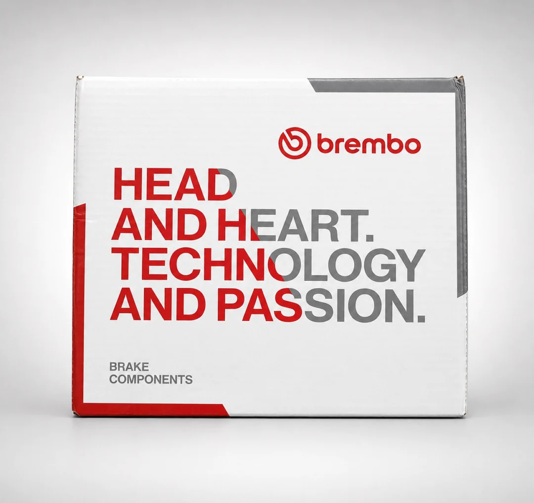White box with the words "brembo head and heart technology and passion" written on it