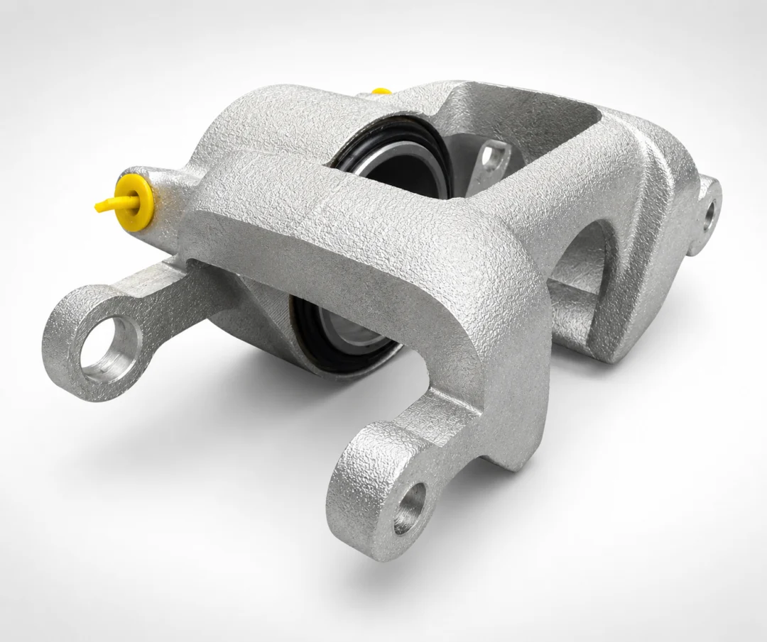 Close up of a metal brake caliper on a white background