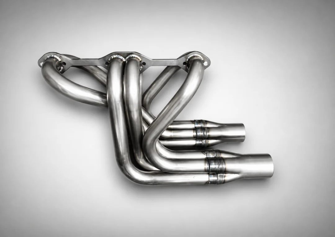Close up of a pair of stainless steel exhaust manifolds on a white background