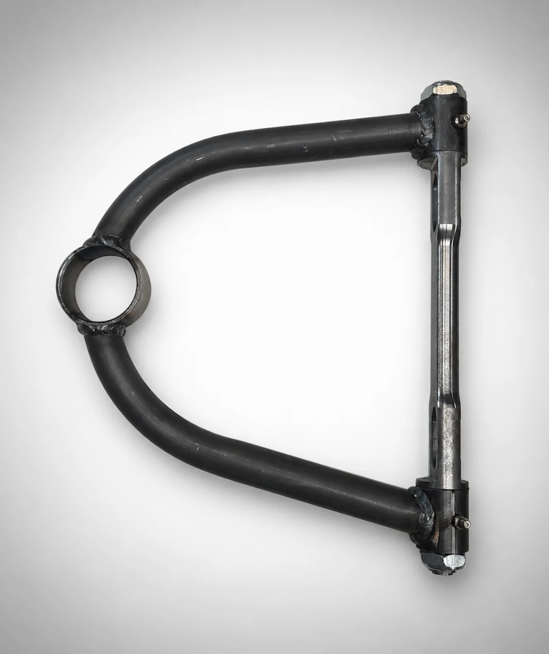 Close up of a black metal handlebar on a white background