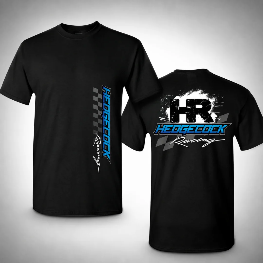 Two black t-shirts with a blue and white logo on the front