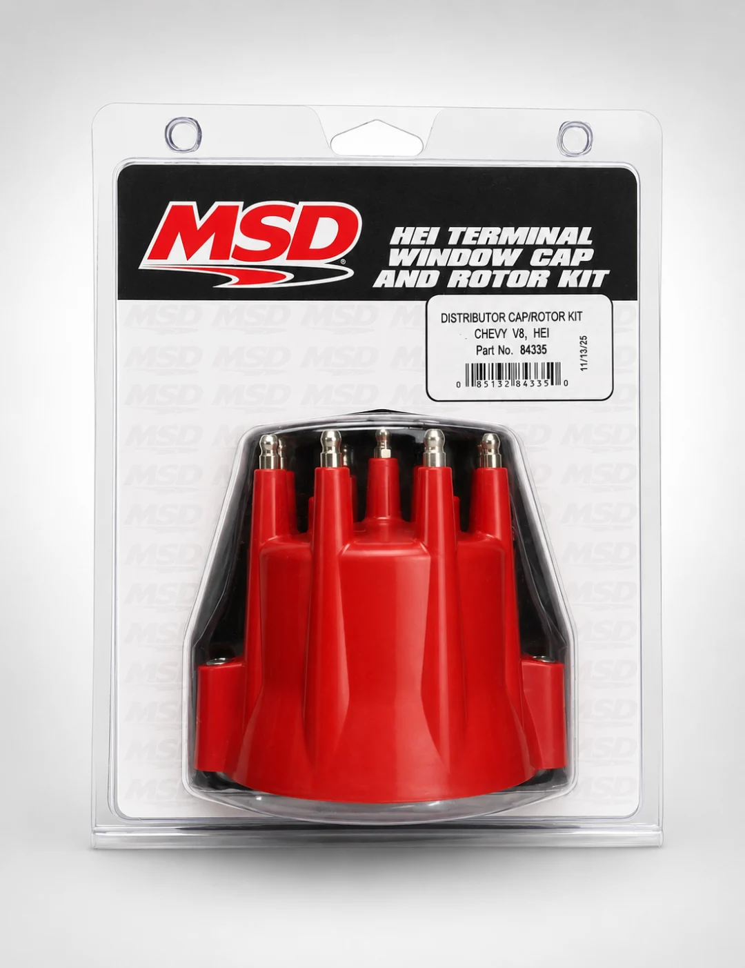 Red MSD Hei Terminal Window Cap and Rotor Kit, which is a distributor cap, in a plastic packet
